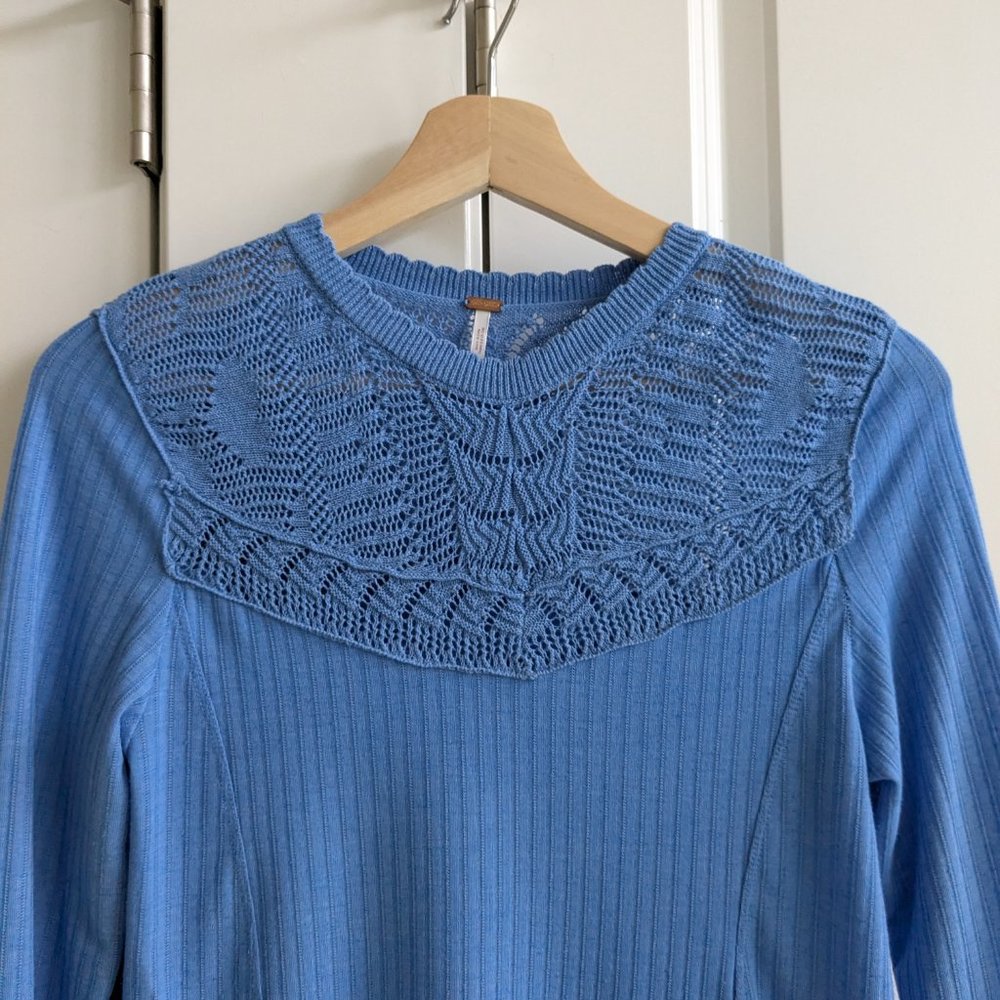 Free People Colette Top Women M Blue Pointelle Crochet Detail Lace Neckline Knit - Picture 3 of 8